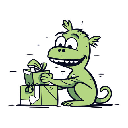 Cartoon crocodile holding a gift box. Vector illustration of a funny cartoon crocodile.のイラスト素材