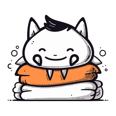 Cute cat with orange ribbon. Vector illustration in doodle style.のイラスト素材