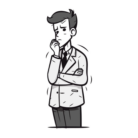 Illustration of a businessman thinking with his hand on his chin.のイラスト素材