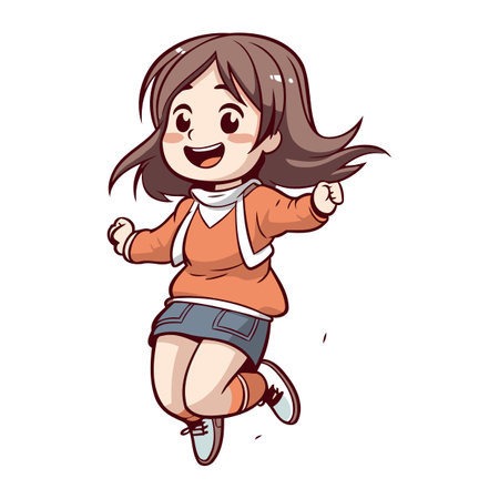 Illustration of a Cute Little Girl Jumping and Having Funのイラスト素材
