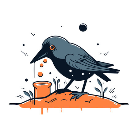 Crow with a cup of coffee on the ground. Vector illustration.のイラスト素材