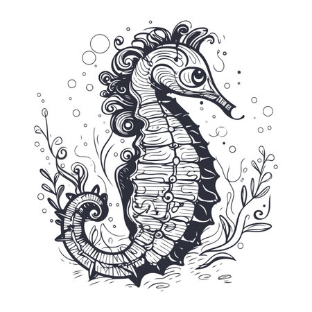 Hippocampus. Sea horse. Black and white vector illustrationのイラスト素材