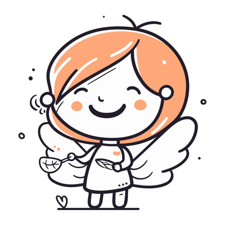 Cute little girl with angel wings. Vector illustration in line style.のイラスト素材