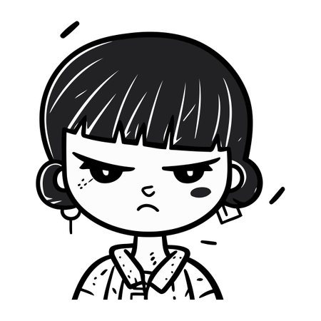 Angry cartoon woman face. Vector illustration. Black and white.のイラスト素材