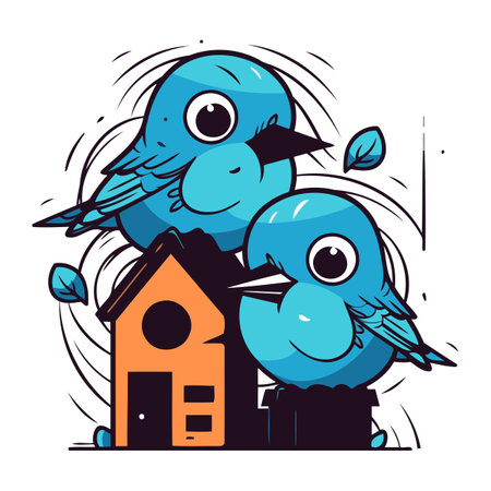 Cute cartoon blue birds in front of a house. Vector illustration.のイラスト素材