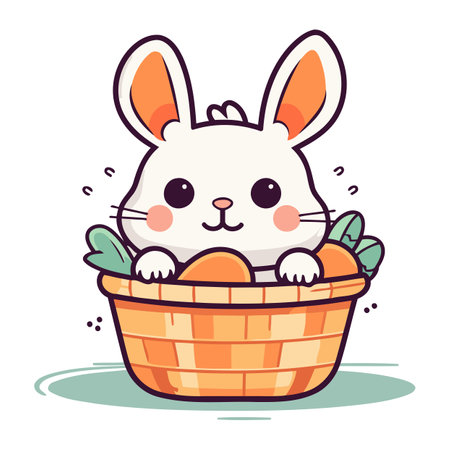 Easter bunny in basket. Cute cartoon character. Vector illustration.のイラスト素材