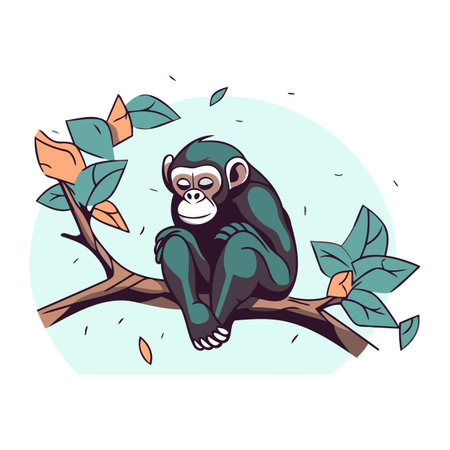 Chimpanzee monkey sitting on a branch. Vector illustration.のイラスト素材