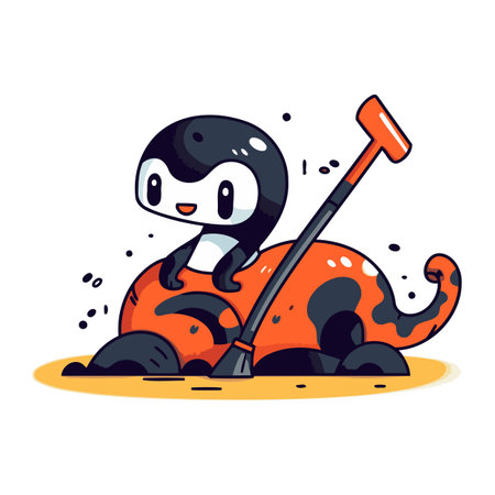 Cute little ladybug with a shovel. Vector illustration on white background.のイラスト素材