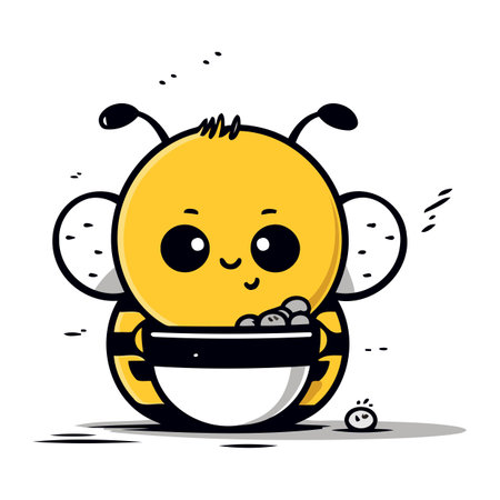 Cute cartoon bee with a bowl of food. Vector illustration.のイラスト素材
