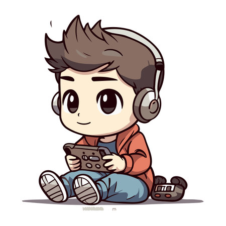 Illustration of a Boy Playing with a Tablet PC and Headphonesのイラスト素材