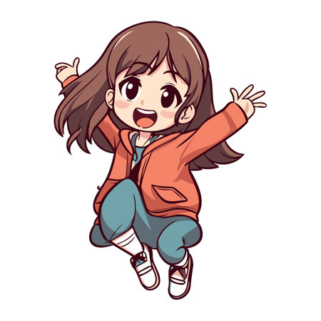 Cute little girl in casual clothes jumping. Cartoon vector illustration.のイラスト素材