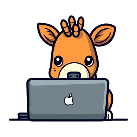 illustration of cute cartoon giraffe with laptop on white background.のイラスト素材