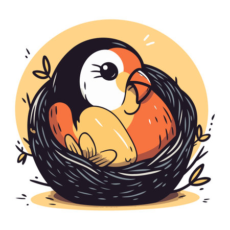 Vector illustration of a cute little chick in a nest with eggs.のイラスト素材