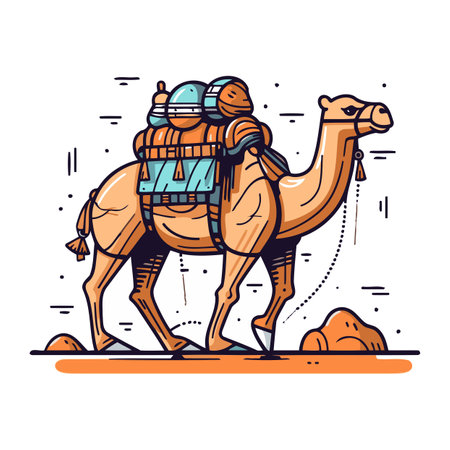 Camel in helmet and aviator goggles. Vector illustration in linear styleのイラスト素材