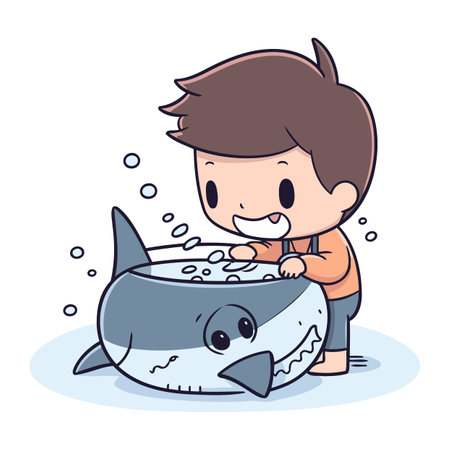 Boy feeding a whale in the sea. cute vector cartoon illustration.のイラスト素材