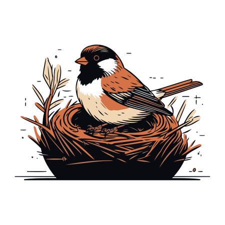 Bullfinch sitting in the nest. Hand drawn vector illustration.のイラスト素材