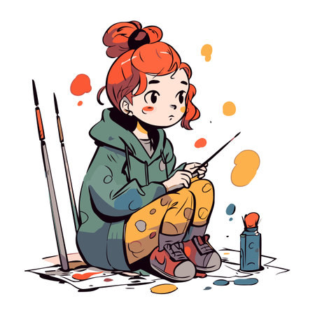 Vector illustration of a little girl painter sitting on the floor and paintingのイラスト素材