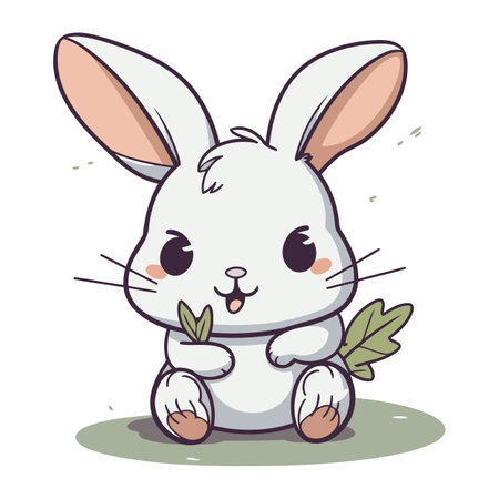 Cute cartoon bunny with green leaves. Vector illustration on white background.のイラスト素材