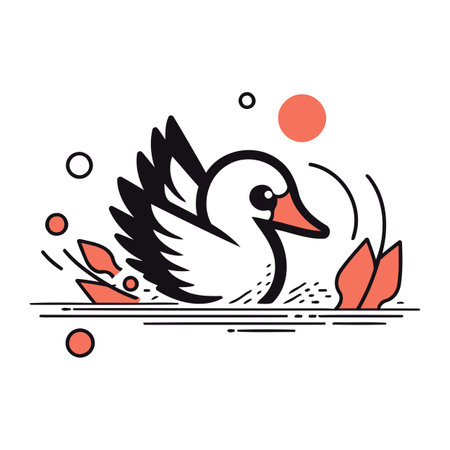 Vector illustration of a white swan swimming in the lake. Linear style.のイラスト素材