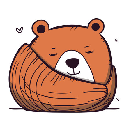 Cute cartoon bear sleeping in a wooden bowl. Vector illustration.のイラスト素材