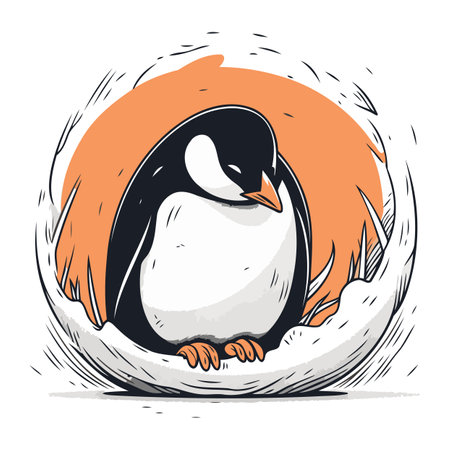 Penguin in the hole. Hand drawn sketch. Vector illustration.のイラスト素材