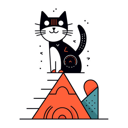 Cute black cat on the top of the pyramid. Vector illustration.のイラスト素材
