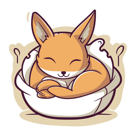 Cute little fox sleeping in a bowl of milk. Vector illustration.のイラスト素材