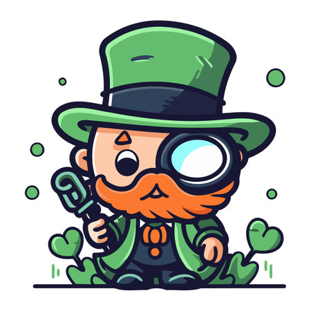 Leprechaun with magnifying glass. Vector illustration.のイラスト素材