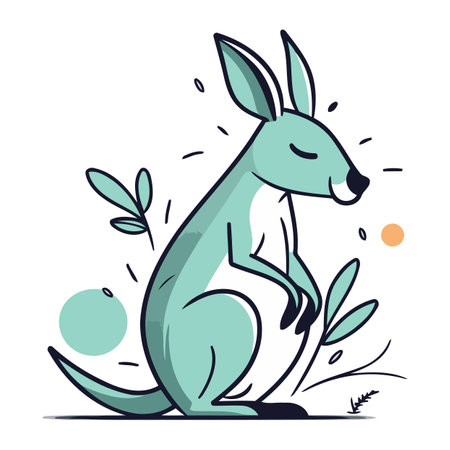 Kangaroo vector illustration. Cartoon kangaroo with green leaves.のイラスト素材