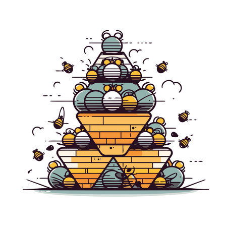 Honey bee hive with honeycomb and bees. Vector illustration.のイラスト素材