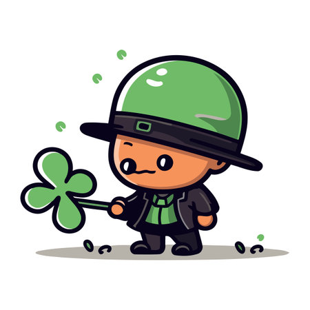 Cute Leprechaun Holding Clover   St. Patricks Day Cartoon Vector Illustrationのイラスト素材
