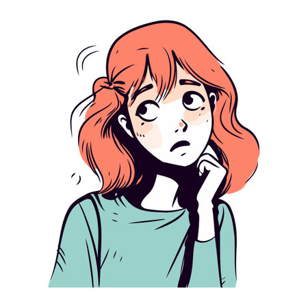 Girl with red hair. Vector illustration of a woman with a headache.のイラスト素材
