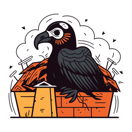 Crow sitting on the roof of a house. Vector illustration.のイラスト素材