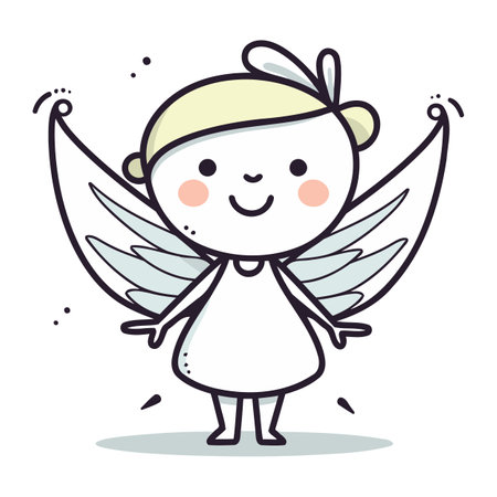 Cute cartoon angel with wings. Hand drawn vector illustration. Doodle style.のイラスト素材