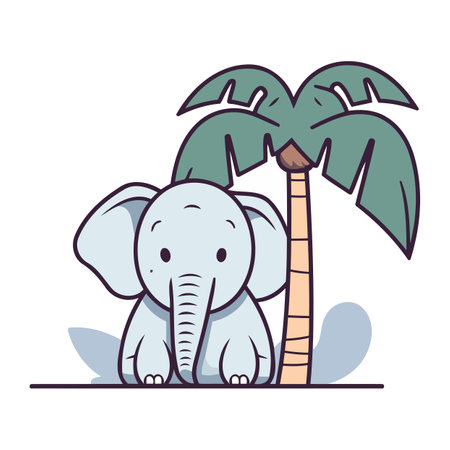 Cute elephant with palm tree. Vector illustration in cartoon style.のイラスト素材