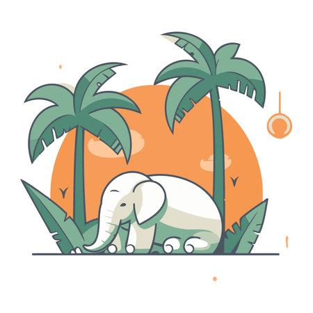 Vector illustration of a cute elephant on the background of palm trees.のイラスト素材