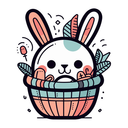 Cute Easter bunny in basket. Vector illustration in doodle style.のイラスト素材