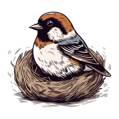 Sparrow sitting in the nest. Vector illustration of a bird.のイラスト素材
