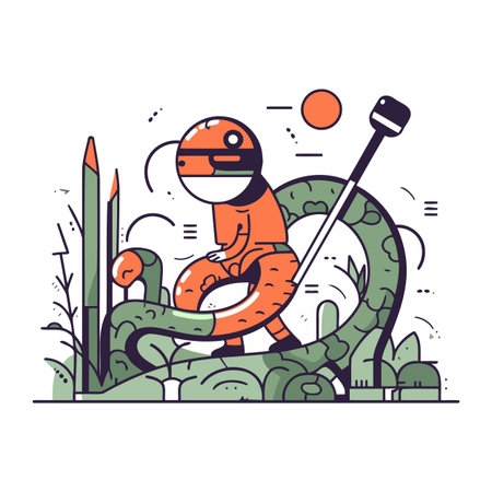 Vector illustration in flat linear style. Robot character in virtual reality helmet. glasses and lifebuoy.のイラスト素材