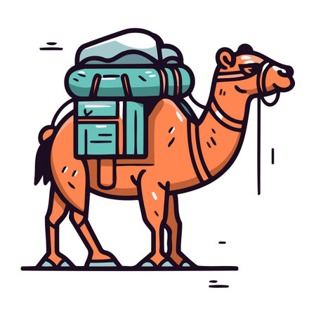 Camel with backpack. Vector illustration in doodle style.のイラスト素材