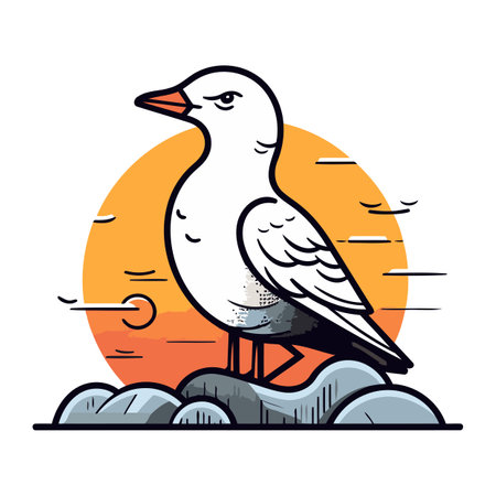 Seagull standing on a rock. Vector illustration in flat style.のイラスト素材
