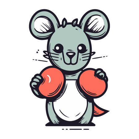 Cute cartoon mouse with boxing gloves. Vector illustration isolated on white background.のイラスト素材