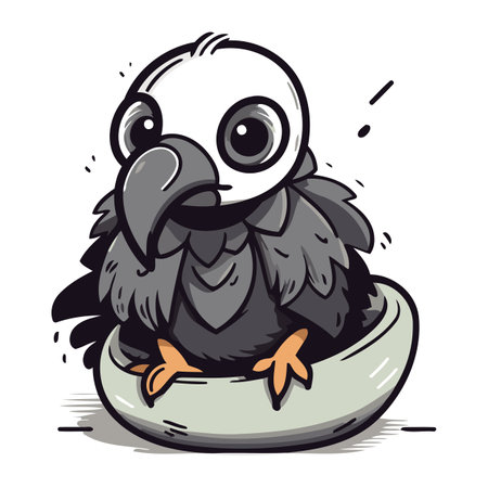Cute crow sitting in a bowl of food. Vector illustration.のイラスト素材