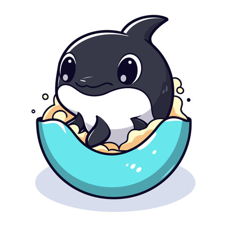Cute cartoon killer whale in a blue egg. Vector illustration.のイラスト素材