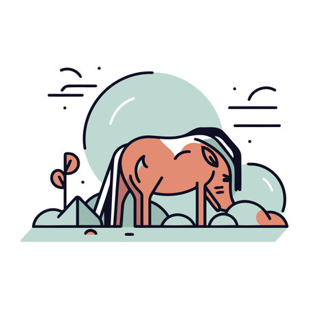Horse in the desert. Vector illustration in flat linear style.のイラスト素材