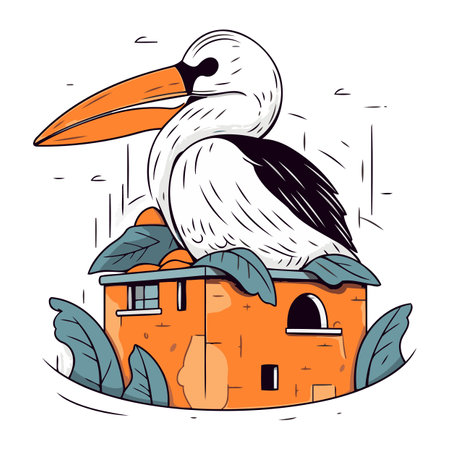 Vector illustration of a pelican sitting on the roof of a house.のイラスト素材
