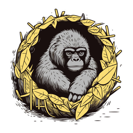 Gorilla in a wreath of leaves. Vector illustration.のイラスト素材