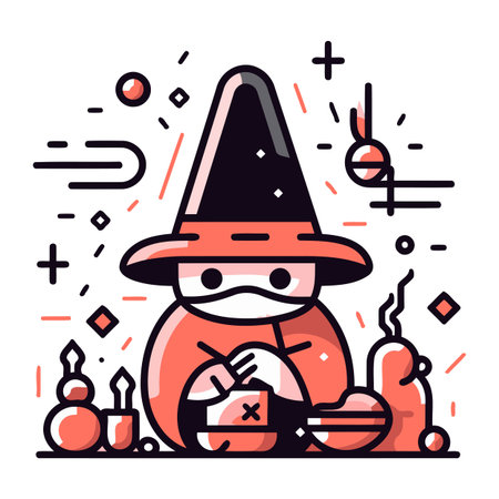 Halloween vector illustration in flat line style. Cute witch with candies.のイラスト素材