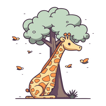 Cartoon giraffe under the tree. Vector illustration in a flat style.のイラスト素材