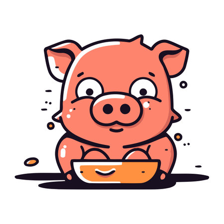 Cute cartoon pig with a bowl of food. Vector illustration.のイラスト素材